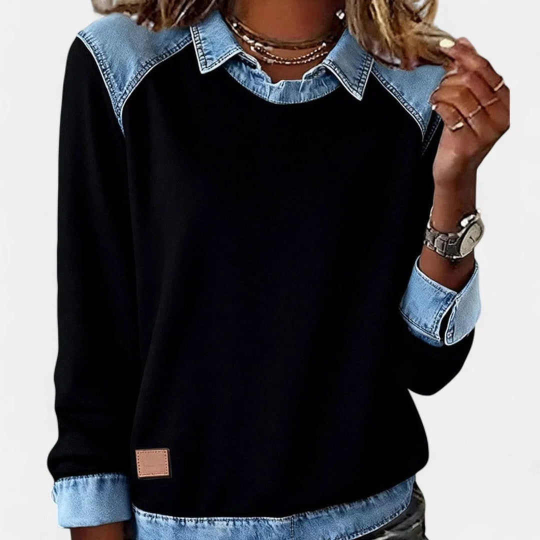 Dame Strikpullover med Denim-Krave Patchwork Raglan Pullover