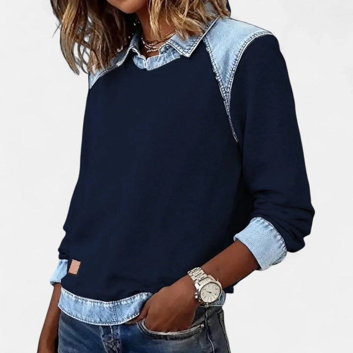 Dame Strikpullover med Denim-Krave Patchwork Raglan Pullover