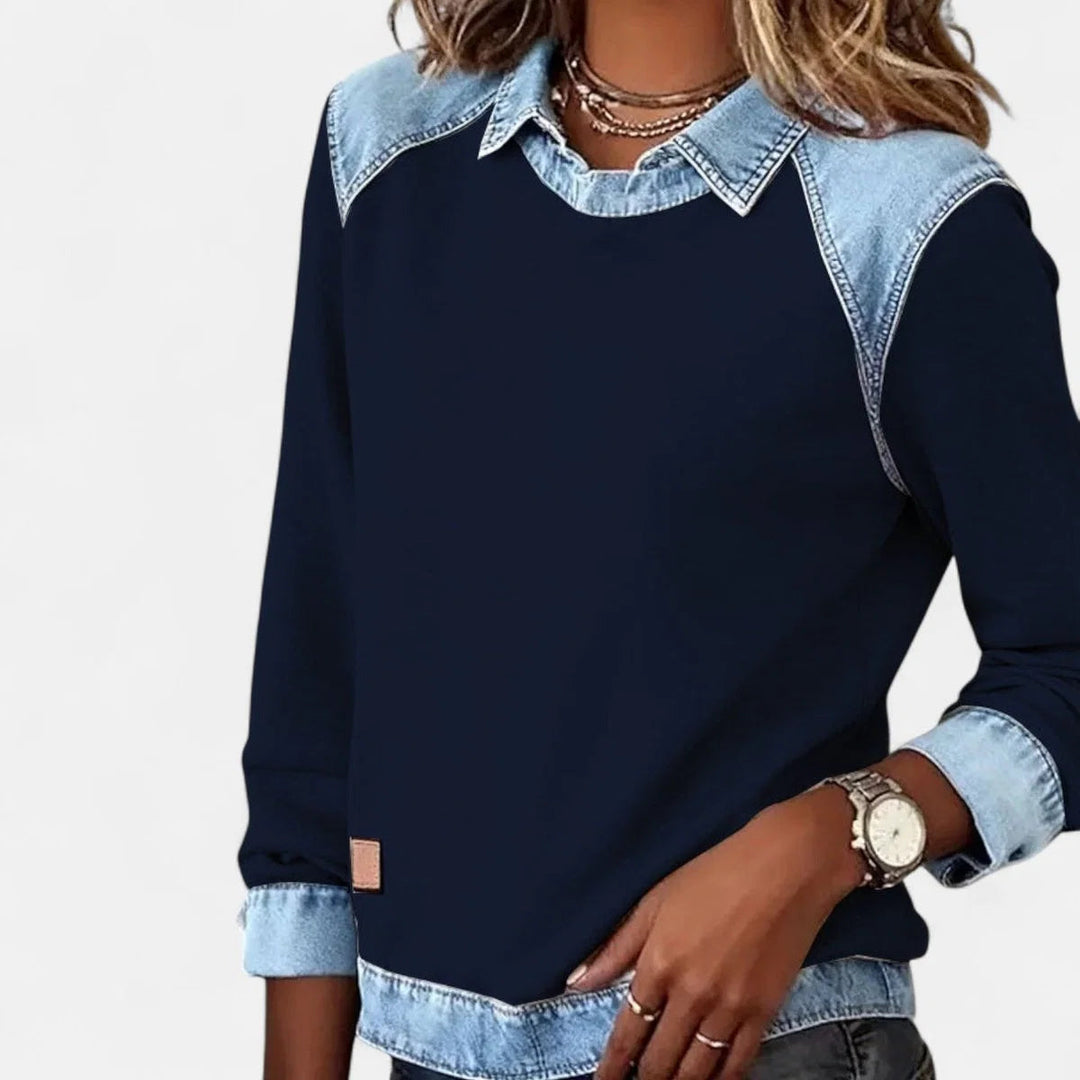 Dame Strikpullover med Denim-Krave Patchwork Raglan Pullover