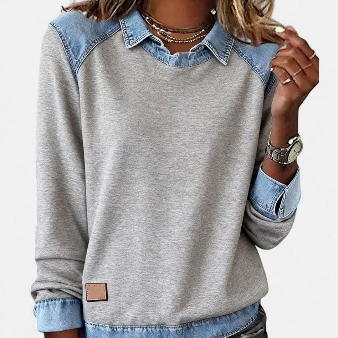 Dame Strikpullover med Denim-Krave Patchwork Raglan Pullover
