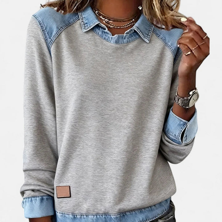 Dame Strikpullover med Denim-Krave Patchwork Raglan Pullover