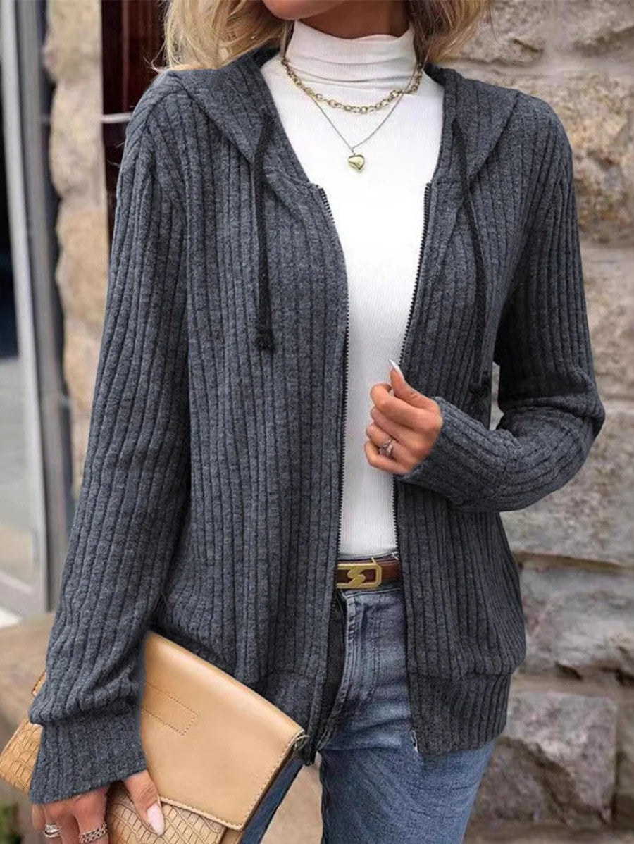 Damen Rippstrik Zip-Up Hoodie Cardigan – Oversized Full-Zip Stil