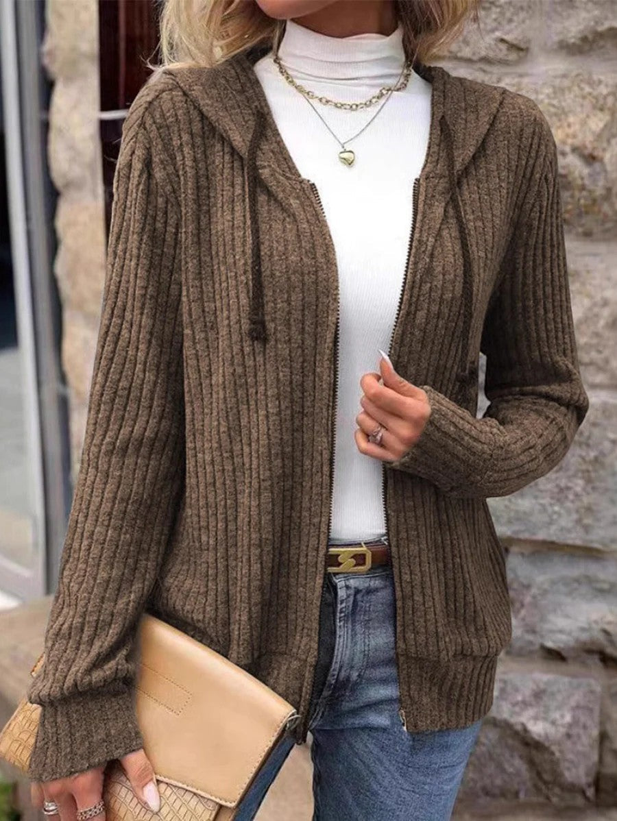 Damen Rippstrik Zip-Up Hoodie Cardigan – Oversized Full-Zip Stil
