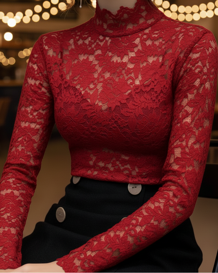Damebluse med blomster-spids og høj krave – Langærmet, tætsiddende, med bølgekant