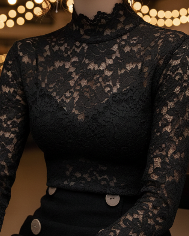 Damebluse med blomster-spids og høj krave – Langærmet, tætsiddende, med bølgekant