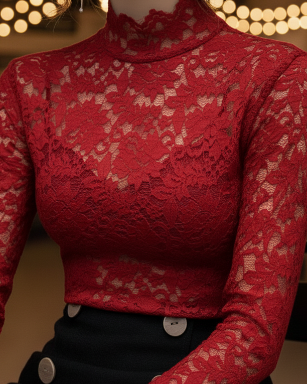 Damebluse med blomster-spids og høj krave – Langærmet, tætsiddende, med bølgekant