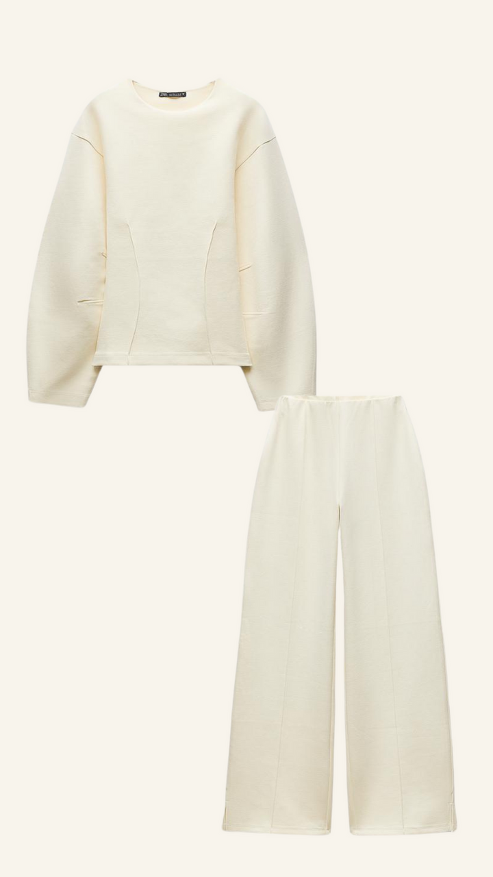 Damski Dwuczęściowy Zestaw Oversized Sweter i Szerokie Spodnie Casual Chic - Łamany Biały / Szary / Czarny - Maelen