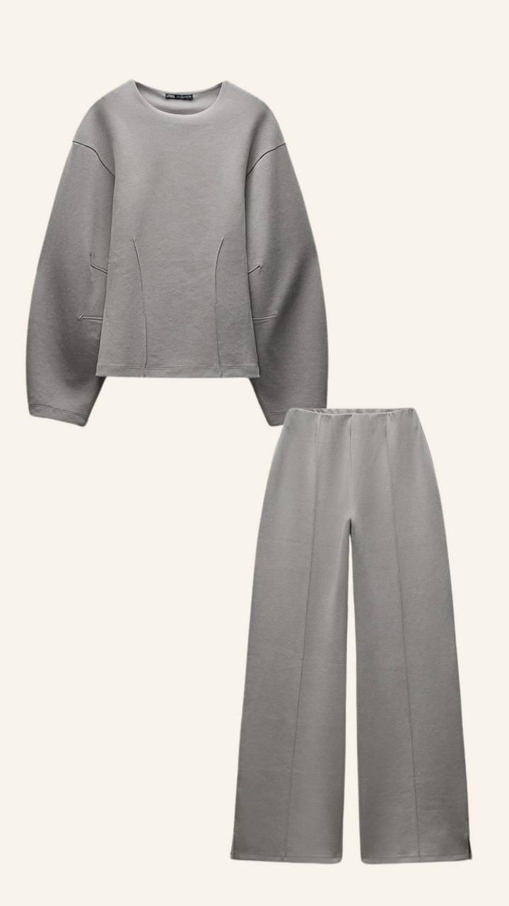 Damski Dwuczęściowy Zestaw Oversized Sweter i Szerokie Spodnie Casual Chic - Łamany Biały / Szary / Czarny - Maelen
