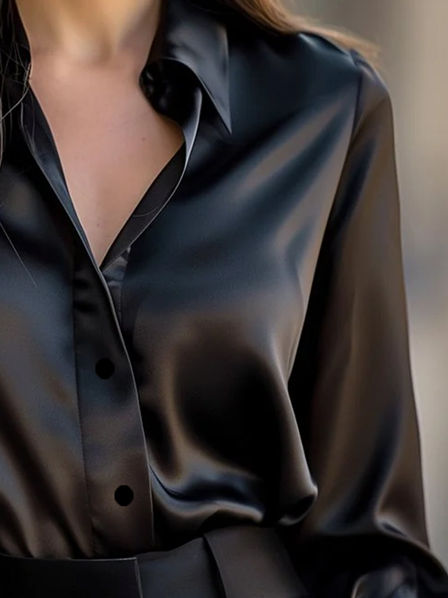 Dame Satin Langærmet Bluse med Reverskrave – Løs og let