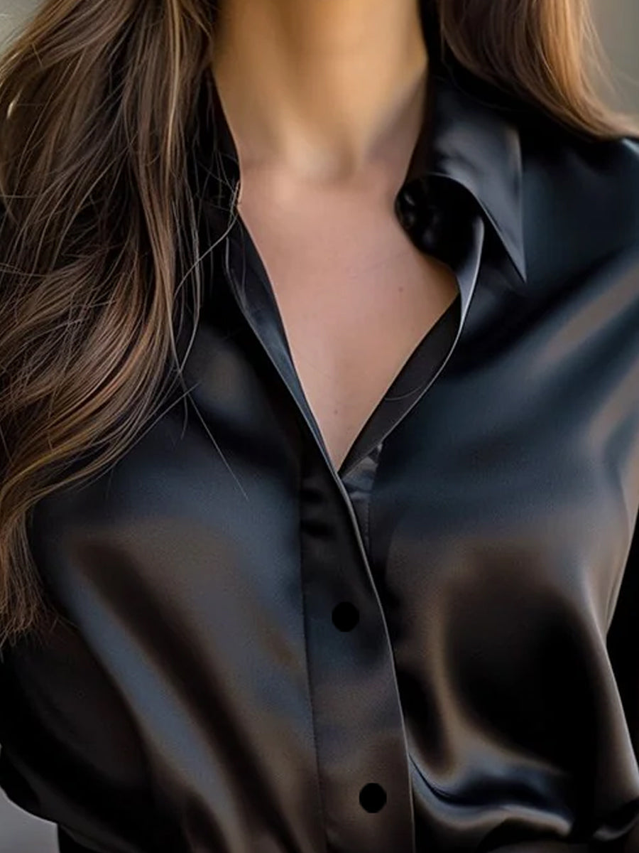 Dame Satin Langærmet Bluse med Reverskrave – Løs og let