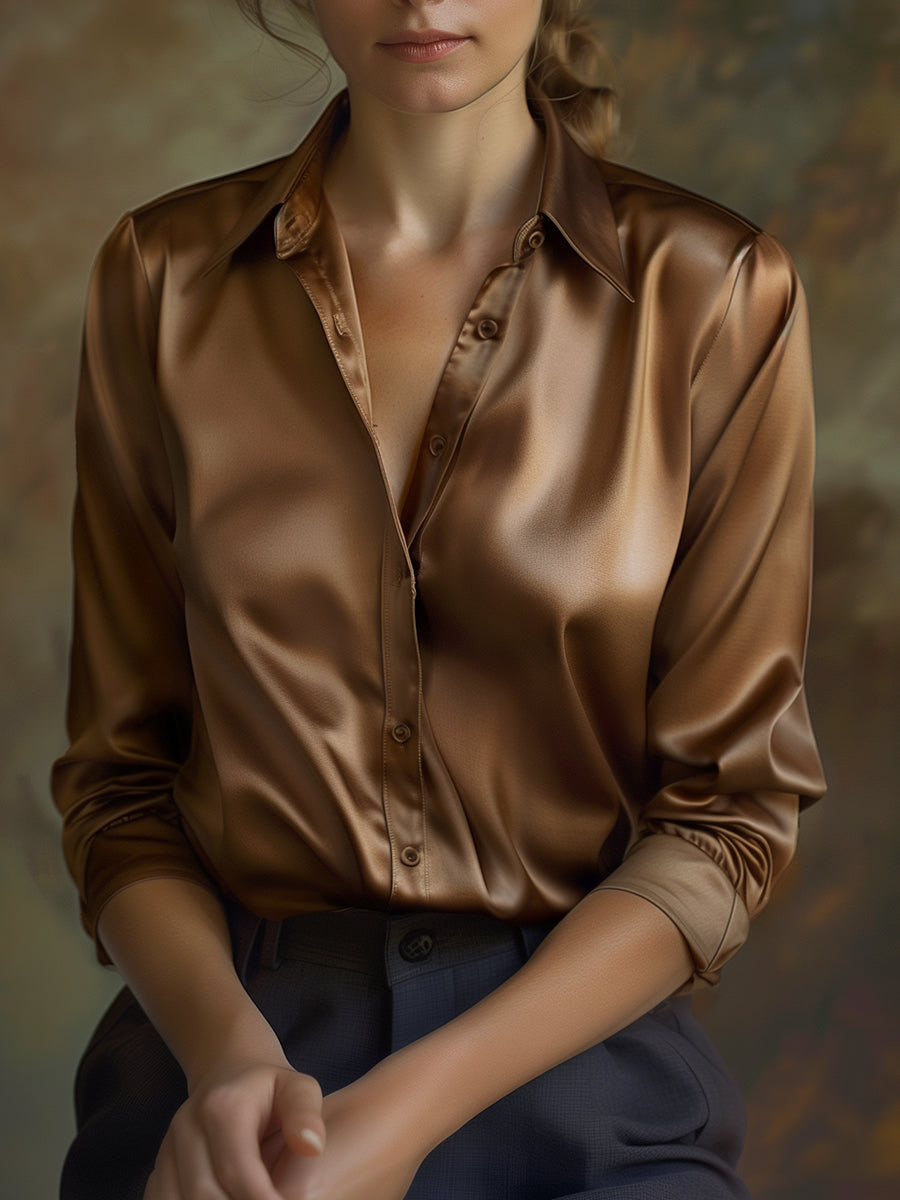 Dame Satin Langærmet Bluse med Reverskrave – Løs og let