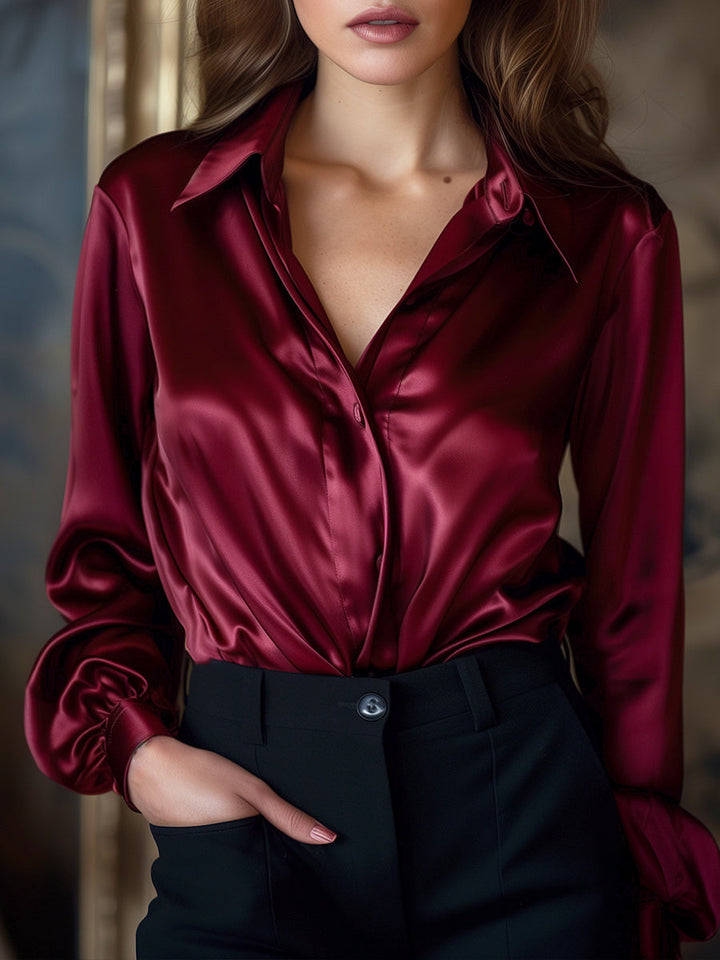 Dame Satin Langærmet Bluse med Reverskrave – Løs og let