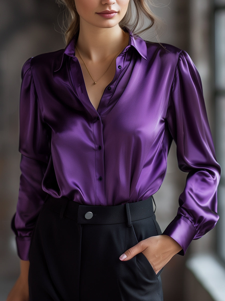 Dame Satin Langærmet Bluse med Reverskrave – Løs og let